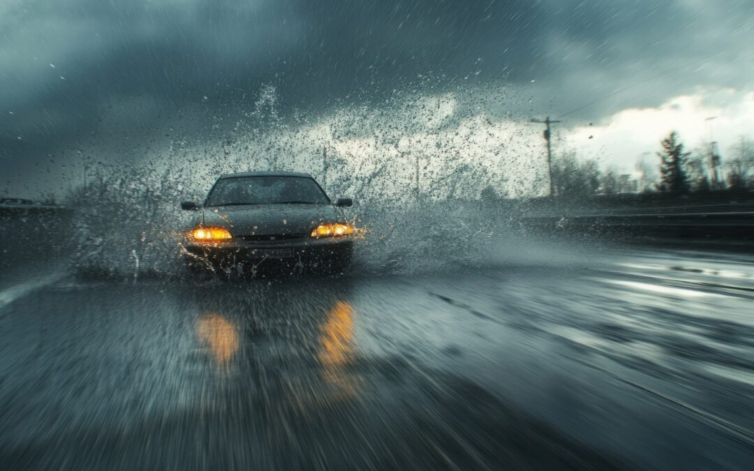 A car driving through a rainstorm